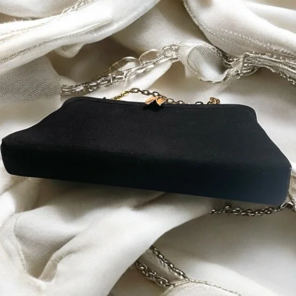 Vintage Black Fabric & Gold Evening Bag Clutch Purse Handbag Gold Latch Frame - Picture 6 of 9